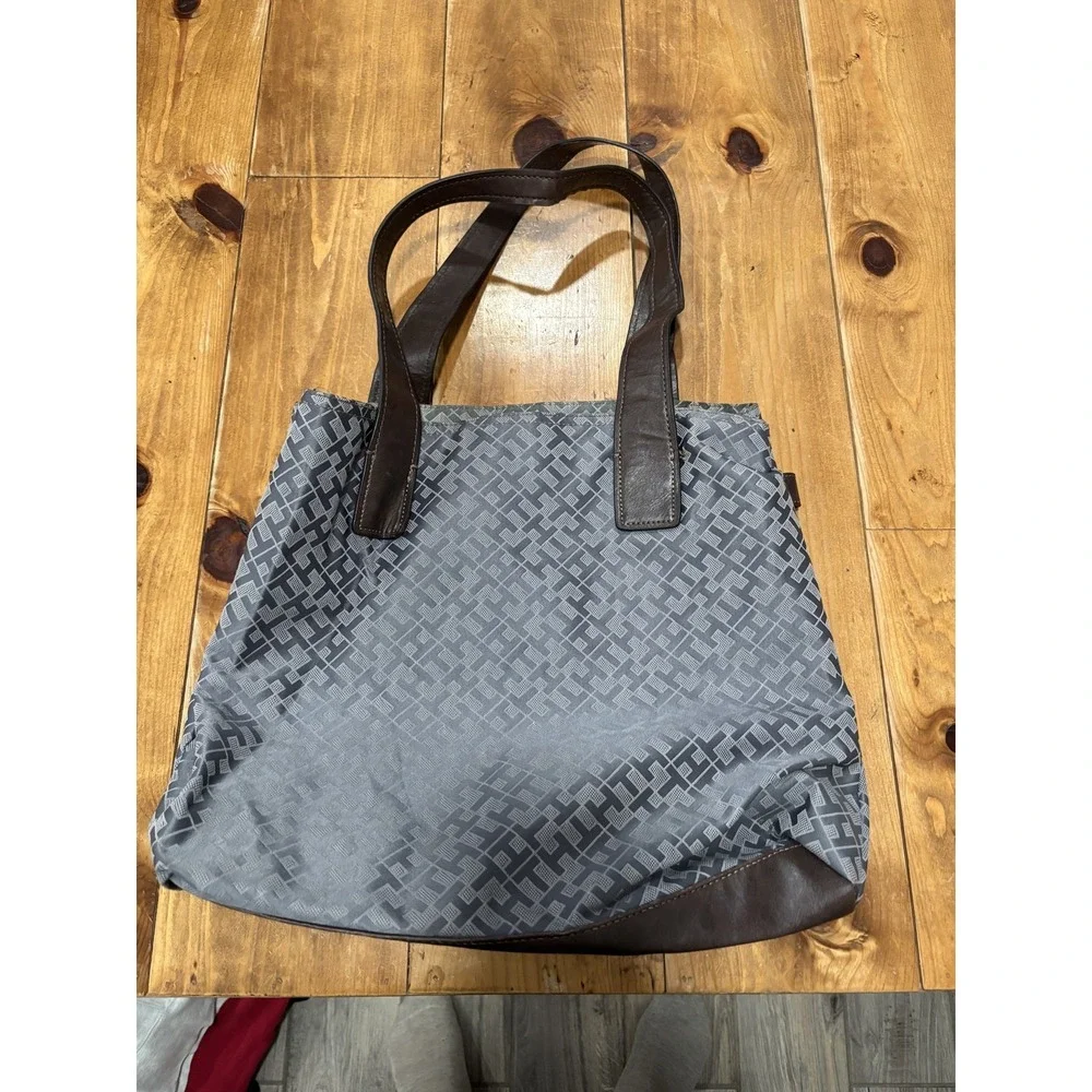Tommy Hilfiger Monogram Gray Tote Bag Shoulder Travel Carryall Blue Stripe